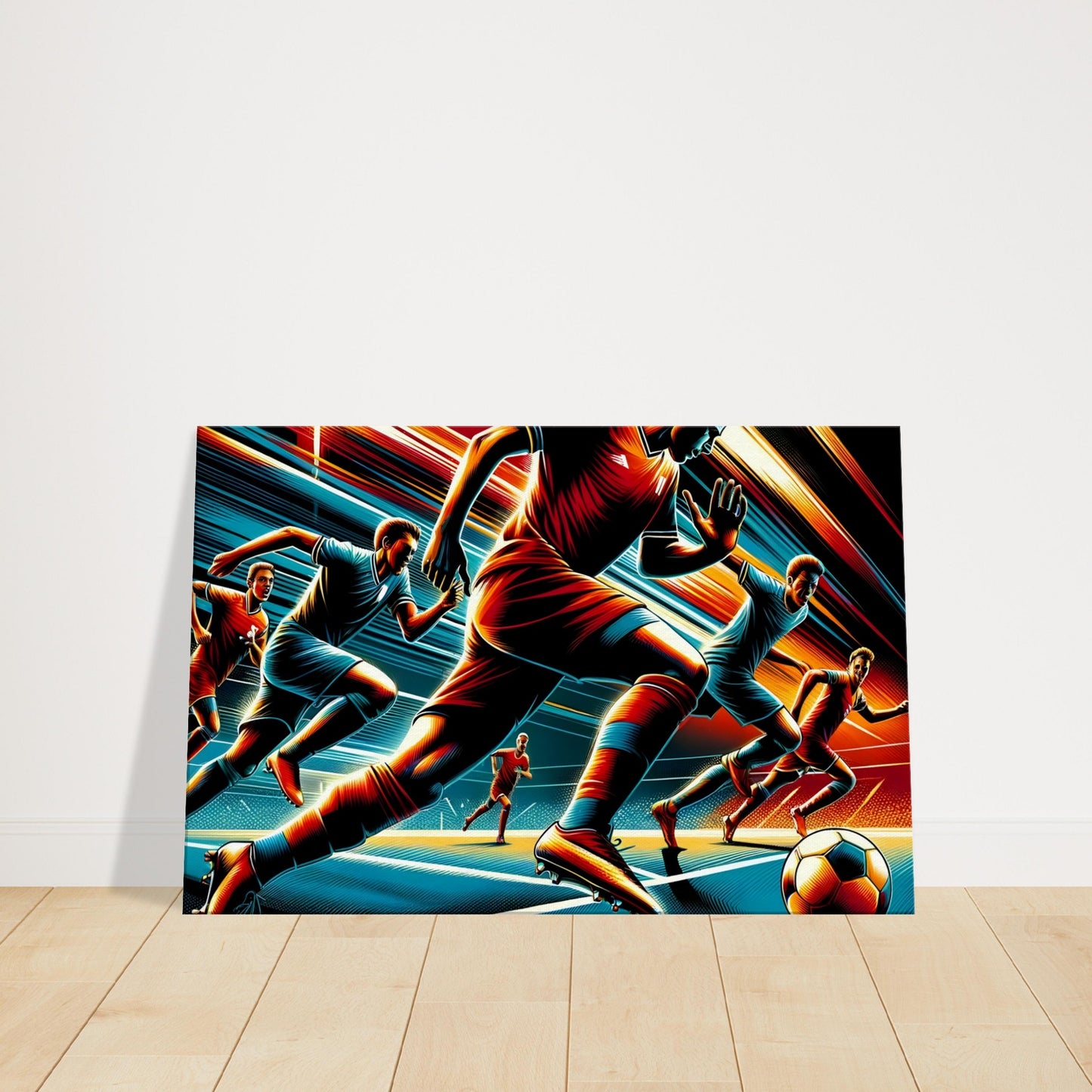Canvas print of football players running forward with colorful streaks symbolizing motion and speed.