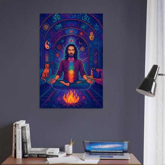 Russell Brand floating in lotus pose inside a glowing subway tunnel filled with neon symbols, graffiti, and mystical cats.