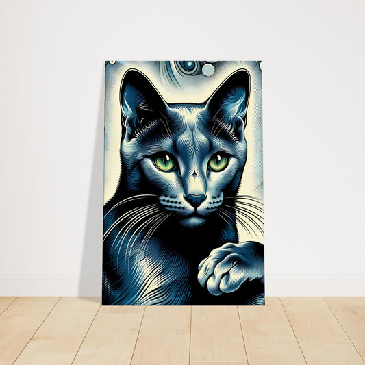Pop art-style image of a Russian Blue cat with a silvery-blue coat, vivid green eyes, and swirling abstract patterns.