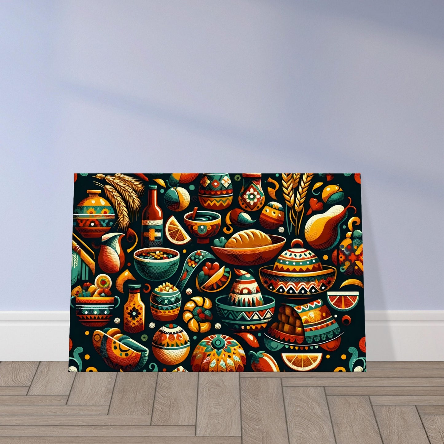 Colorful artwork featuring Mexican culinary elements like peppers, herbs, and cultural motifs in a vibrant composition.