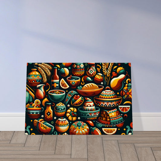 Colorful artwork featuring Mexican culinary elements like peppers, herbs, and cultural motifs in a vibrant composition.