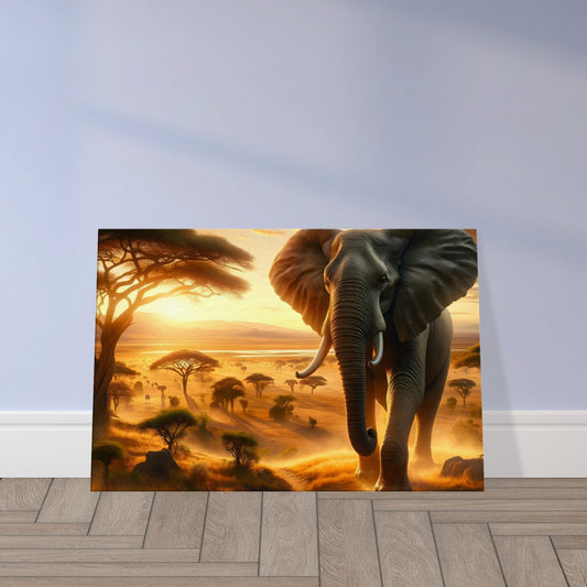 Wall art of a majestic safari elephant bathed in golden sunset light on the African savannah.