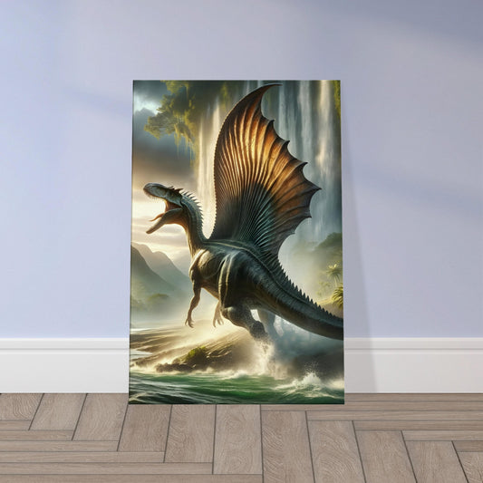 Wall art of a Spinosaurus emerging from a river at dawn, with sunlight highlighting its sail against a lush tropical backdrop.