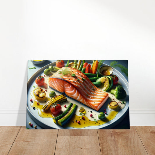 Canvas art depicting grilled salmon fillet with charred asparagus, lemon slices, cherry tomatoes, and zucchini on a golden sauce.