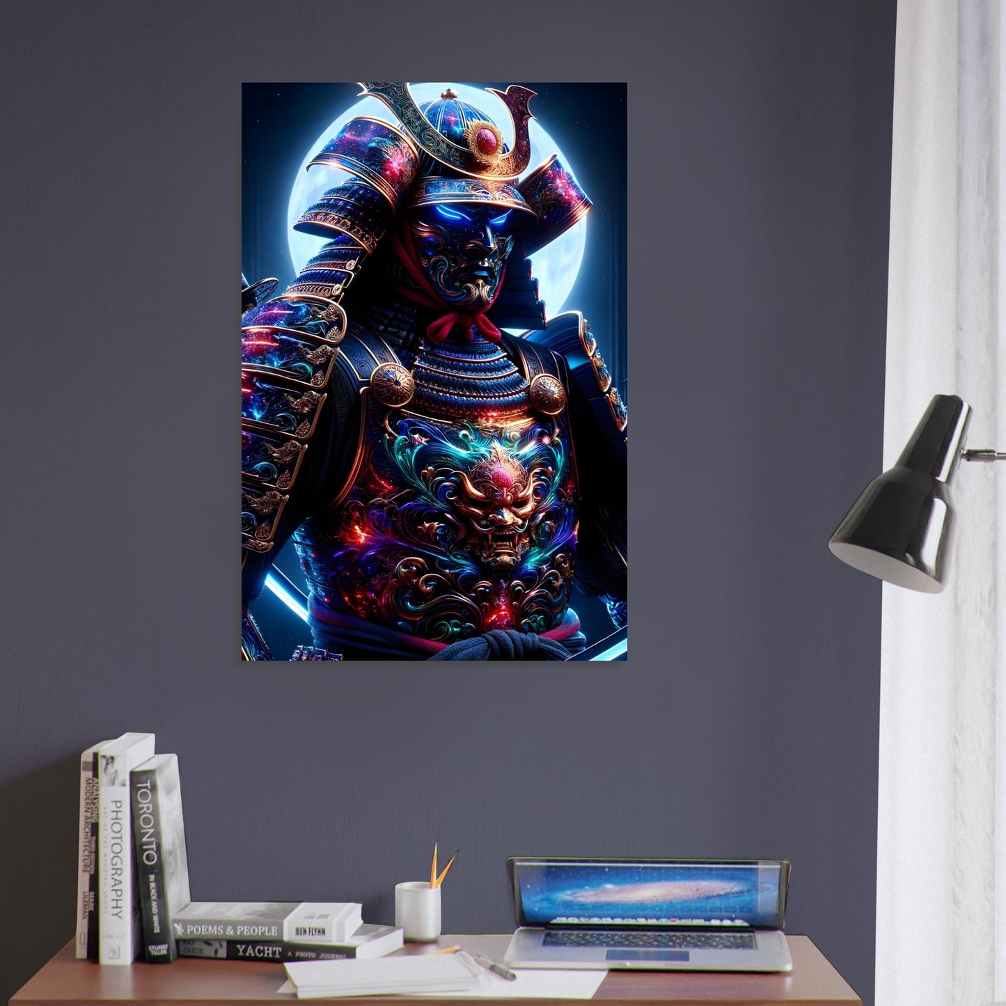 A Samurai in full armor with glowing red and blue patterns holds a katana in a moonlit Japanese garden.