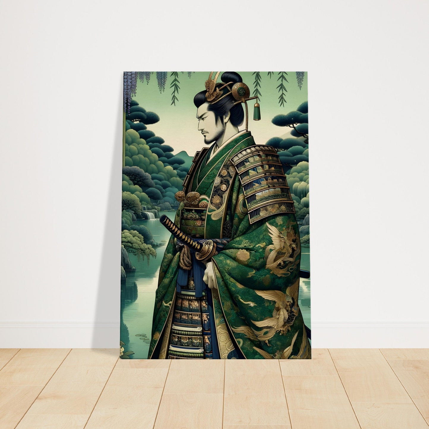 Samurai in green and gold kimono standing beside a koi pond in a Japanese garden with blooming wisteria.
