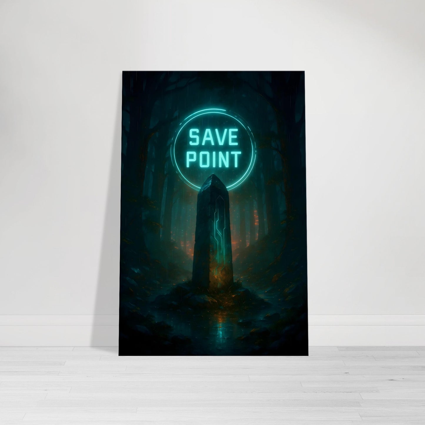 Neon wall art of glowing crystal shrine casting holographic blue-green light in a forest setting.