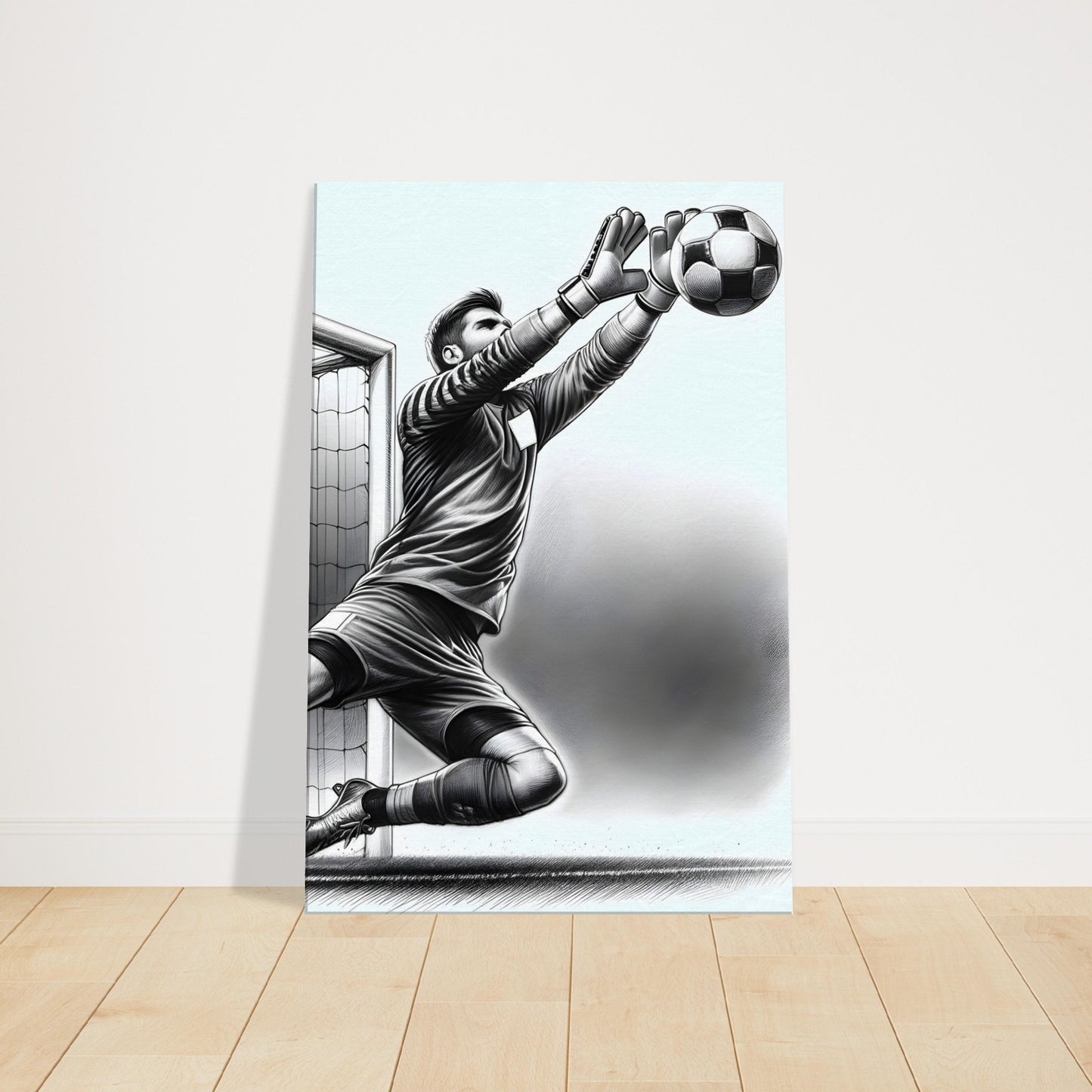 Pencil drawing of a goalkeeper diving to save a ball with dynamic motion lines.