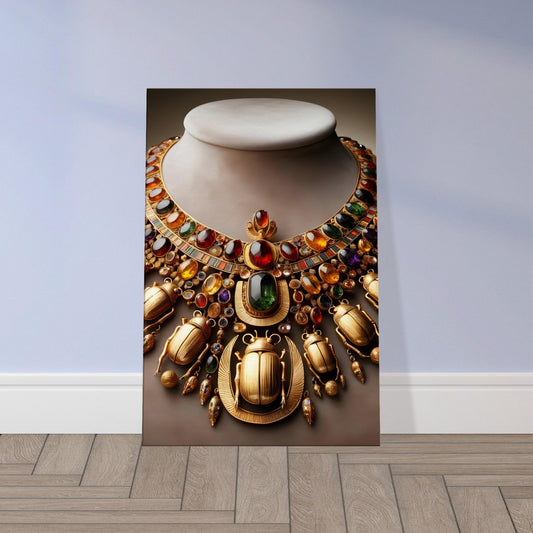 Ancient Egyptian gold necklace featuring sculpted scarabs and precious gemstones, symbolizing protection and rebirth.