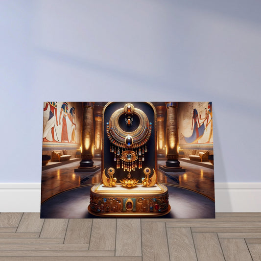 Egyptian scarab beetle holding a sun orb, set in a jeweled winged necklace within a hieroglyph-lined tomb with deity figures.