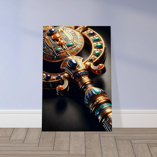 Ancient Egyptian gold scepter with intricate patterns and inlaid lapis lazuli and turquoise, symbolizing royal authority and divine power.