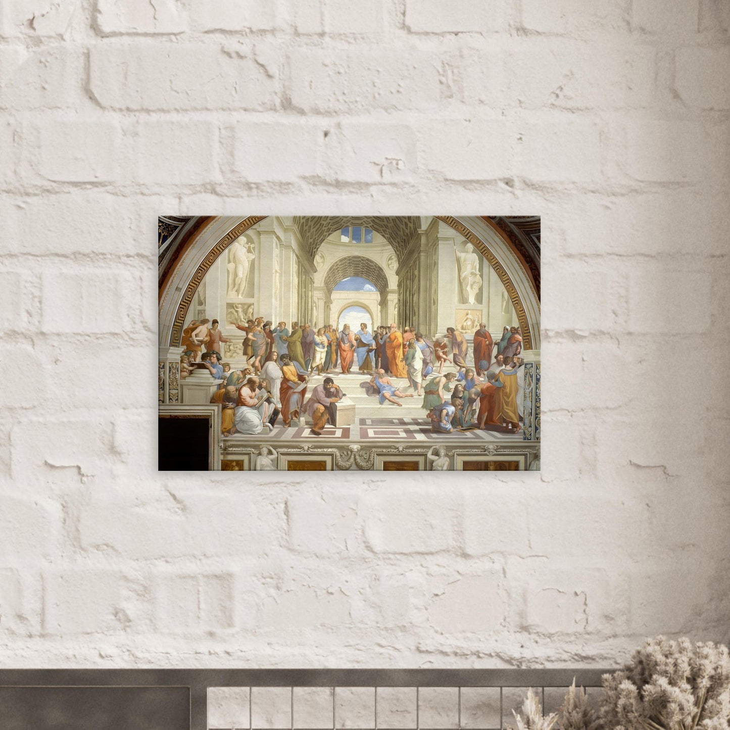 Canvas art reproduction of Raphael’s The School of Athens, depicting Renaissance philosophers in a grand architectural setting symbolizing reason and discovery.