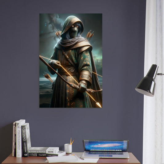 A Scythian archer in emerald and bronze clothing holds a glowing bow on a dark Eurasian steppe beneath a starry night sky.