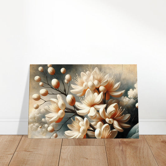 Artistic depiction of the Sea Poison Tree flower with glowing white petals radiating from the center against a soft, tranquil background.