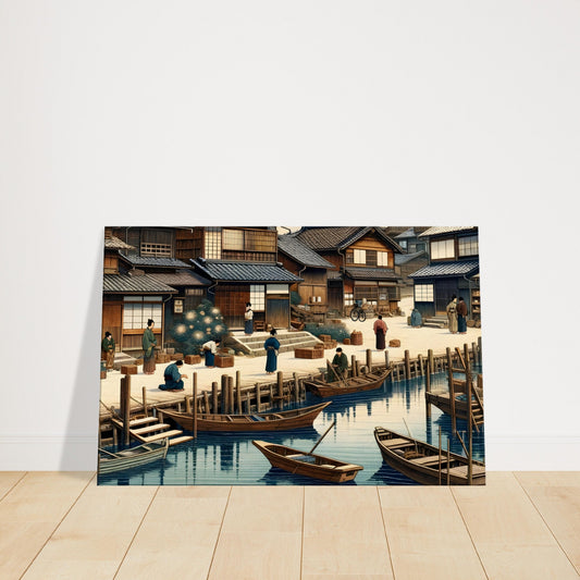 Traditional Japanese seaside village with wooden houses, boats, and villagers beside calm water.