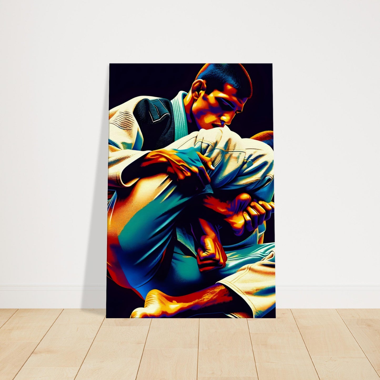 A Brazilian Jiu-Jitsu practitioner, practicing a submission hold, surrounded by vivid colors and a deep contrasting backdrop.