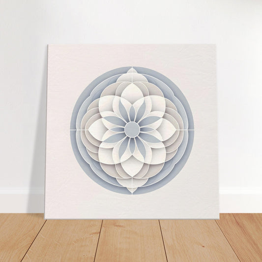 Minimalist mandala artwork in soft grey, white, and pastel blue, emphasizing calming symmetry and simple elegance.