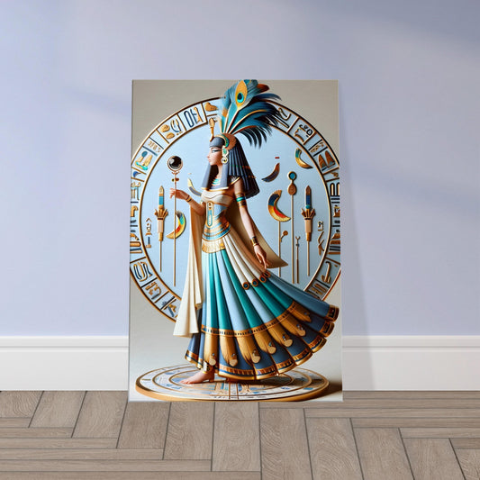 Egyptian goddess Ma’at wearing a feather crown and a hieroglyph-covered dress, symbolizing truth and balance in a serene pose.