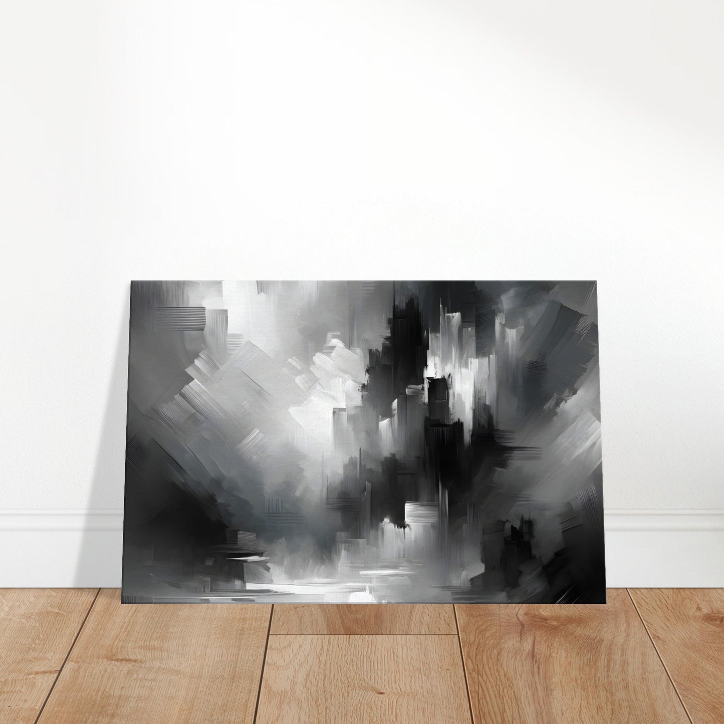 Monochrome abstract wall art featuring layered grayscale brushstrokes that create depth and contrast.