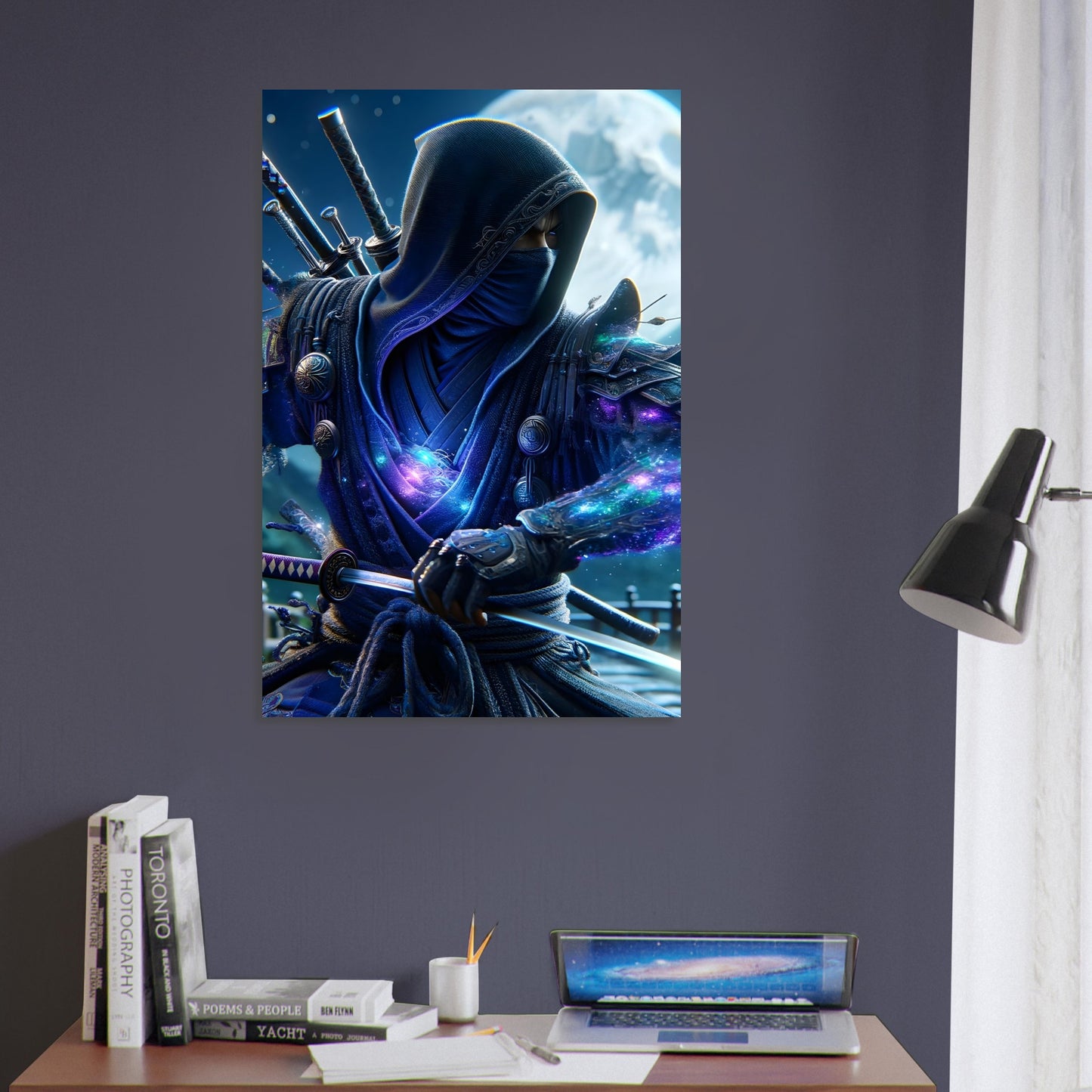 A cosmic-themed Ninja in dark robes and armor stands under a crescent moon, glowing subtly with silver and violet accents.