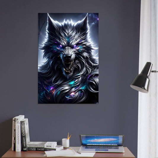 Metal poster of a snarling werewolf mid-transformation with silver fur and cosmic glowing eyes in a moonlit forest.