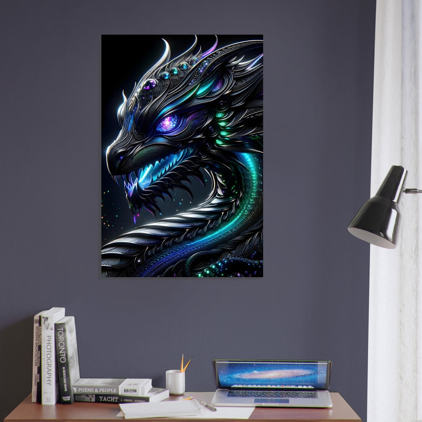Metal poster of a serpent-like Naga with a human face, glowing violet eyes, and metallic scales in a shadowy, enchanted forest.