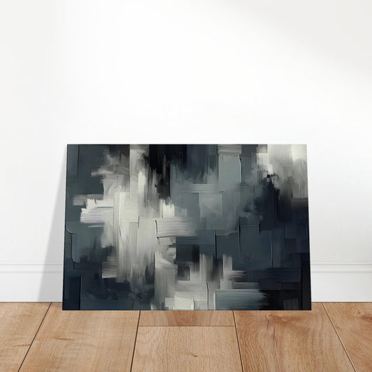 Abstract grayscale canvas featuring dark textured brushstrokes and layered shadow-inspired forms.