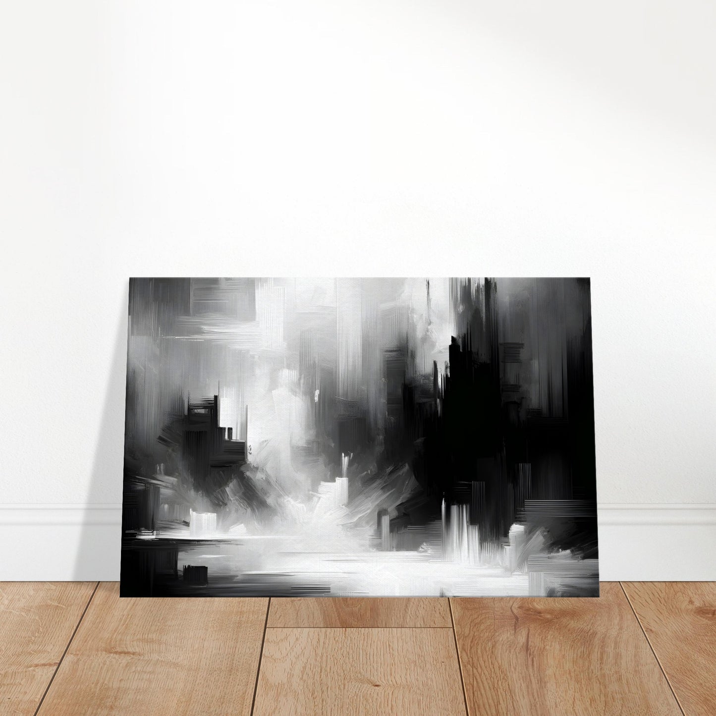 Abstract black and white painting with textured brushstrokes representing the interplay of light and shadow in a modern, minimalist style.