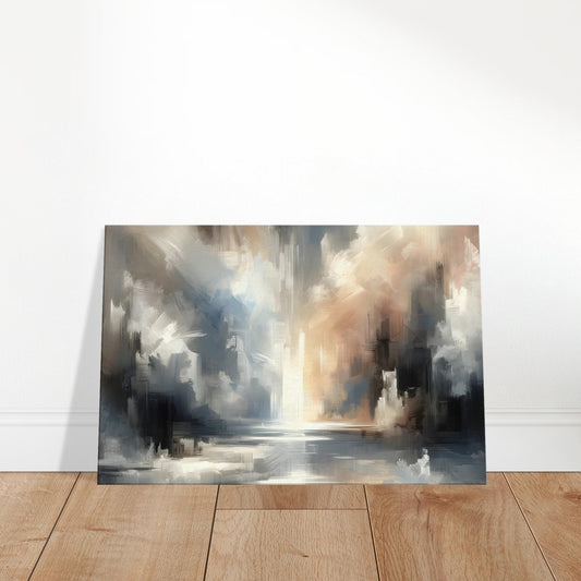 Monochrome abstract canvas showing light and shadow interplay through textured brushstrokes and tonal contrast.