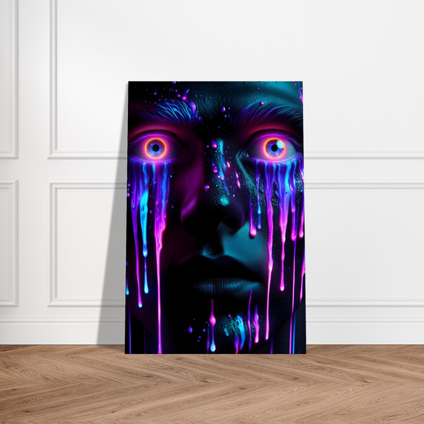Portrait of a tense figure with black and dark purple paint drips, expressing fear and emotional intensity in modern art style.