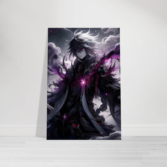 Dark anime villain surrounded by smoky energy, glowing eyes, black armor, and red-purple lightning-lit sky, holding a pulsing ethereal weapon.