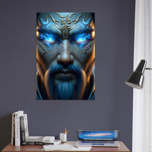 A Shaolin monk in traditional robes with a piercing gaze, surrounded by glowing blue flames on a dark, minimal background.