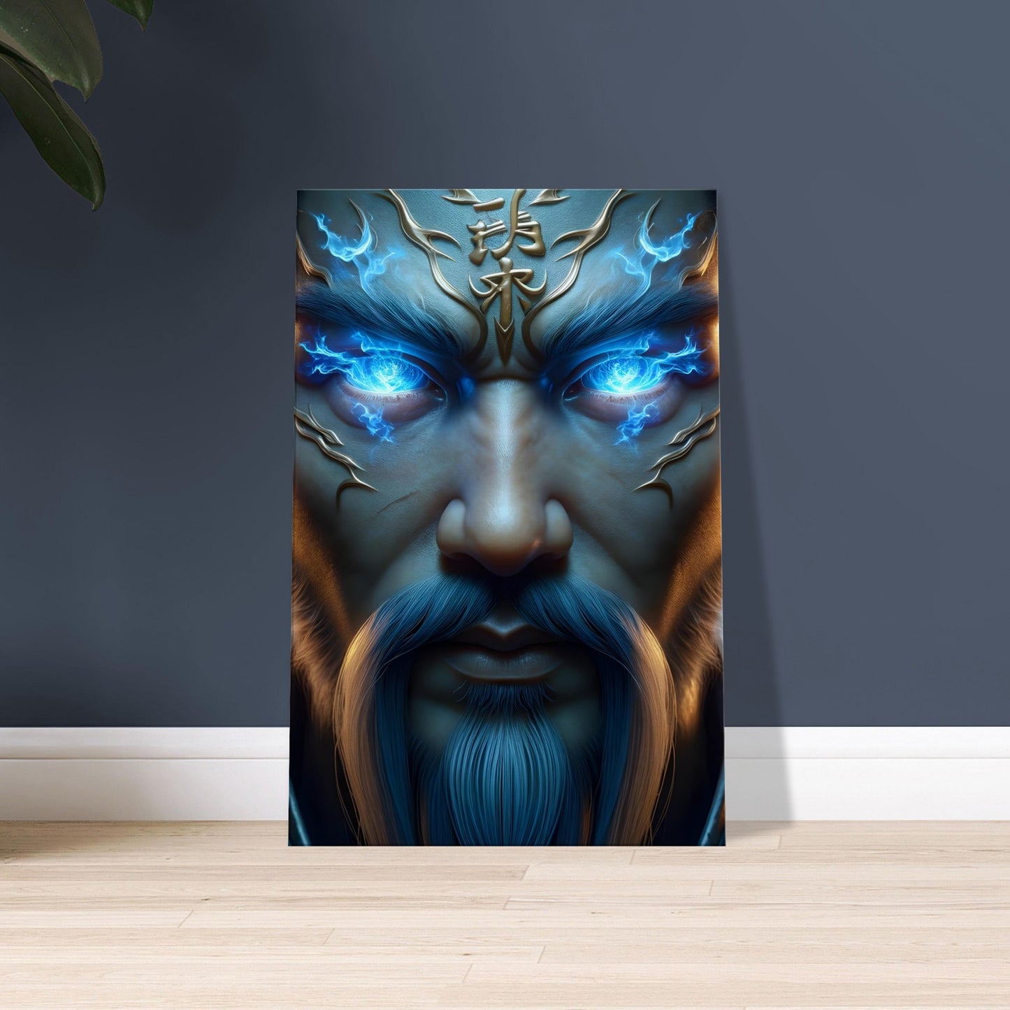 A Shaolin warrior's face with glowing blue flame eyes surrounded by ethereal blue fire in a mystical portrait.
