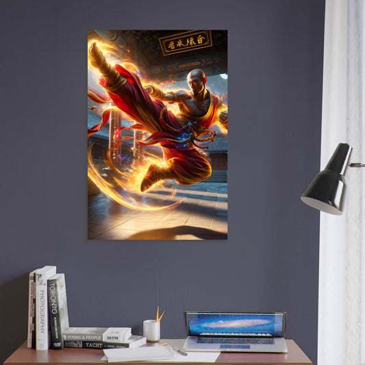 A Shaolin monk mid-air in a flying kick with flowing red and gold robes, set in an ancient temple courtyard on a metal poster.