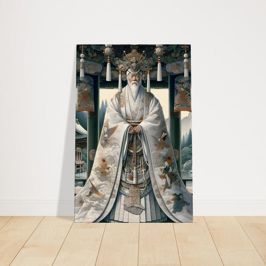 Shinto priest in ceremonial robes standing at a forest shrine with soft lighting and a peaceful brook in the background.