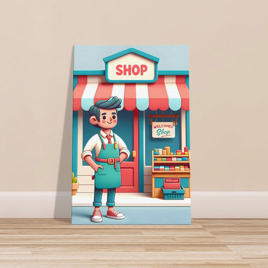 Minimalist cartoon Shopkeeper Sam in apron holding a welcoming sign in front of a colorful store on a solid background.