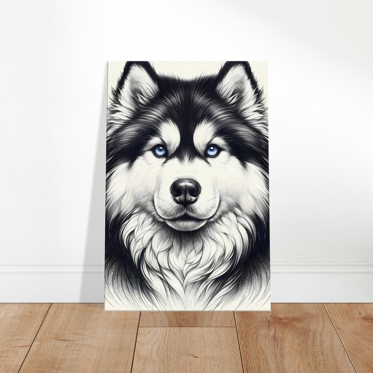 Detailed black and white sketch of a Siberian Husky with textured fur and blue eyes.