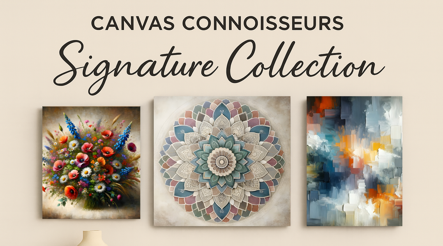 3:2 landscape banner for Canvas Connoisseurs’ Signature Collection, featuring three premium canvas artworks of varying sizes displayed on a beige wall above a light wood sideboard. Elegant serif and script text reads ‘Canvas Connoisseurs – Signature Collection,’ with balanced spacing and no text near the edges.