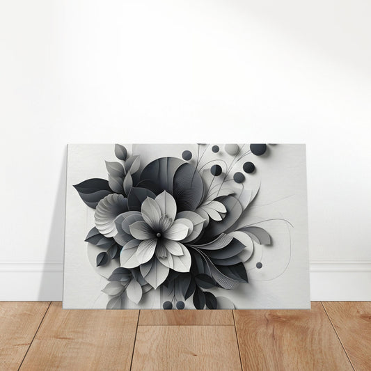 Monochrome floral artwork with a central blooming flower, soft petals, and delicate leaves in subtle grey tones.
