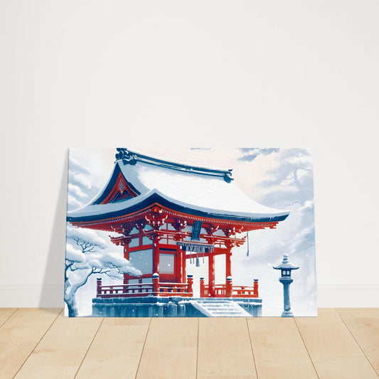 Traditional Japanese red shrine in a snow-covered winter landscape with falling snowflakes.