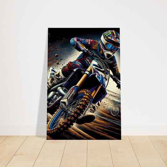 Motocross rider performing a wheelie at high speed, surrounded by vibrant color accents and a sense of dynamic motion.