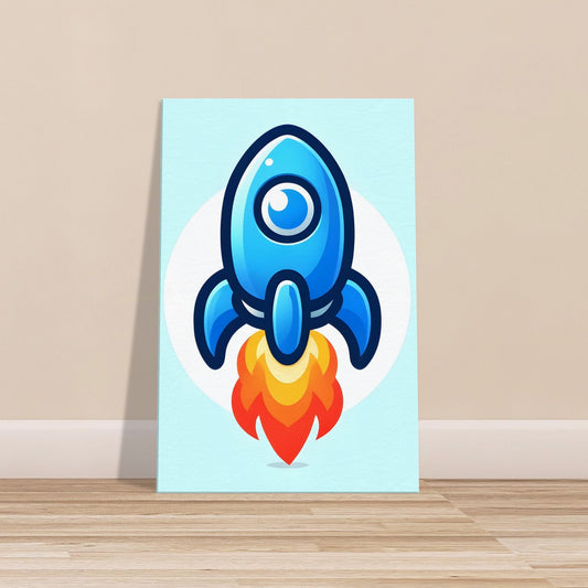 Cartoon-style blue rocket ship with large eyes and orange-yellow flames on a light blue to white gradient background.