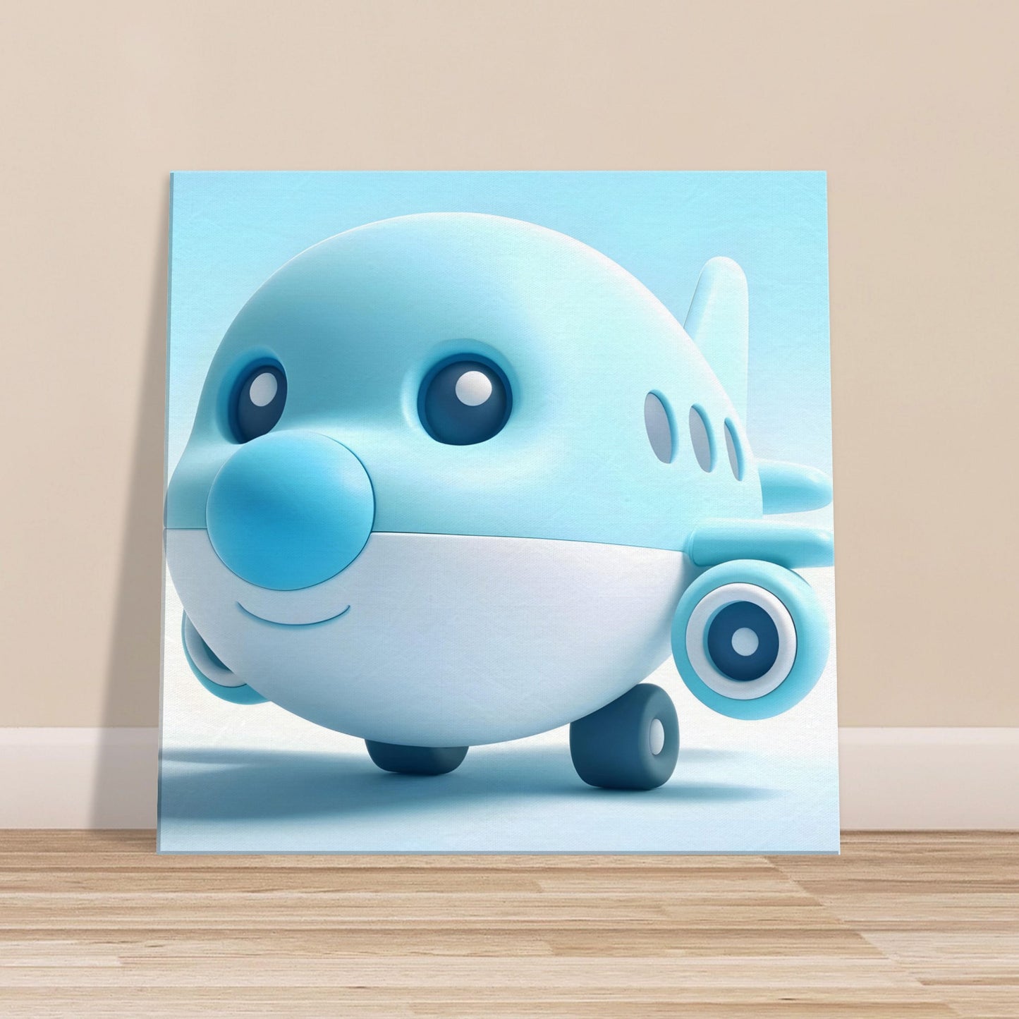 Cartoon-style blue airplane with large eyes on a soft light blue to white gradient background.