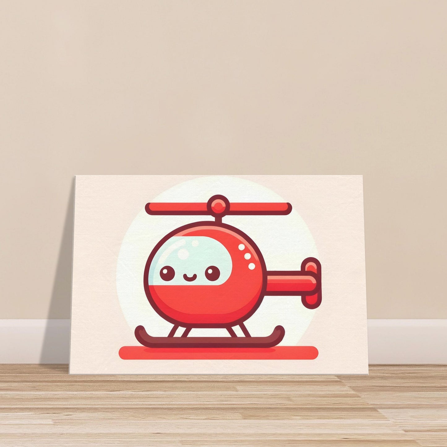 Cartoon-style red helicopter with large eyes on a soft light red to white gradient background.