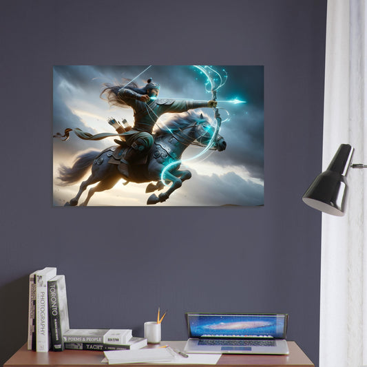 A Mongolian archer leaps off a horse mid-air with a glowing turquoise and silver bow, set against a stormy steppe landscape.