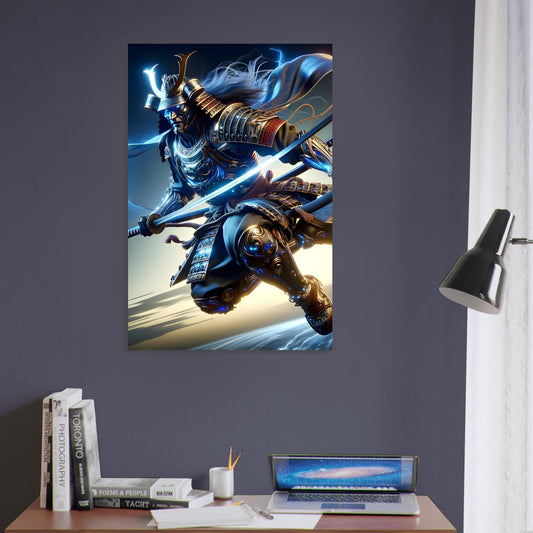 A Samurai warrior leaps through a night sky with a glowing katana, wearing electric blue and silver armor.