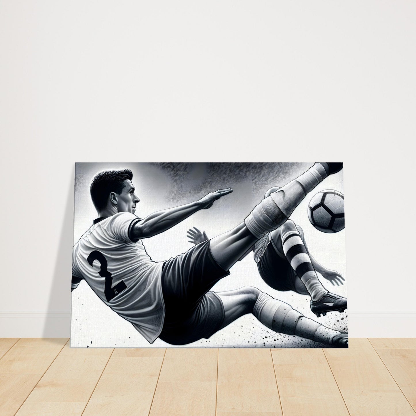 Pencil sketch of a football player sliding on the field with one leg extended to tackle the ball.