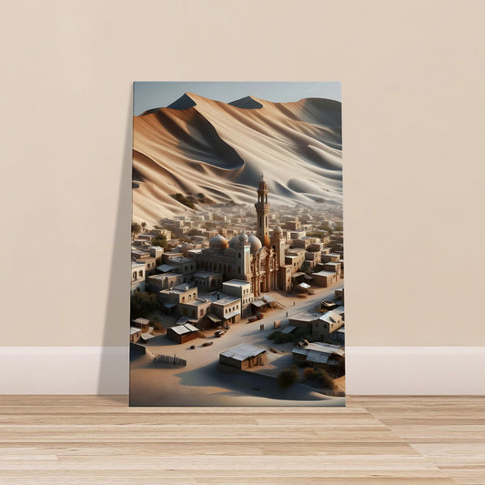 Desert town with domes and a minaret nestled among golden sand dunes under warm sunlight.