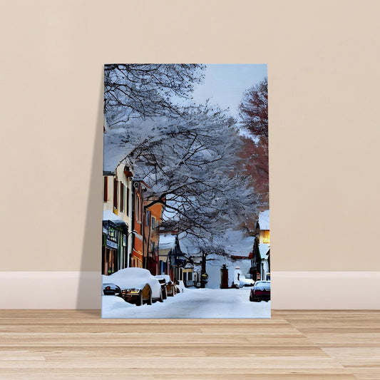 Canvas print of a small winter town with snow-covered buildings and frosted trees under a clear sky