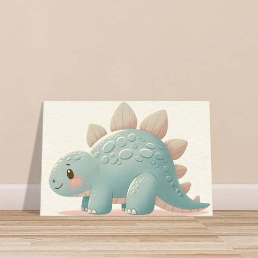 Cartoon-style Stegosaurus with soft colors, smiling expression, whimsical back plates, and tail spikes.